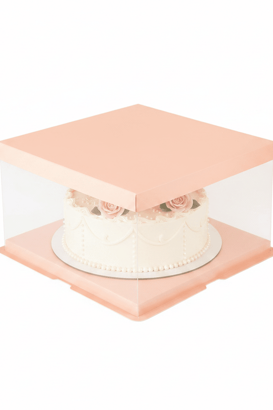 30x30x25 Clear Square Cake Box Peach With Paper Lid - TEM IMPORTS™