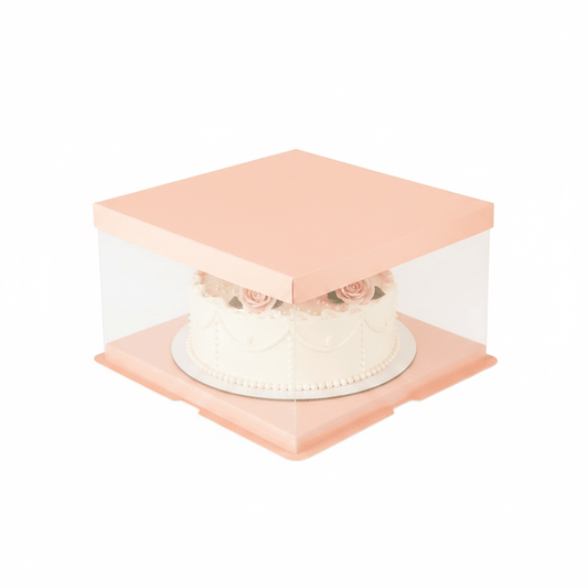 30x30x25 Clear Square Cake Box Peach With Paper Lid - TEM IMPORTS™