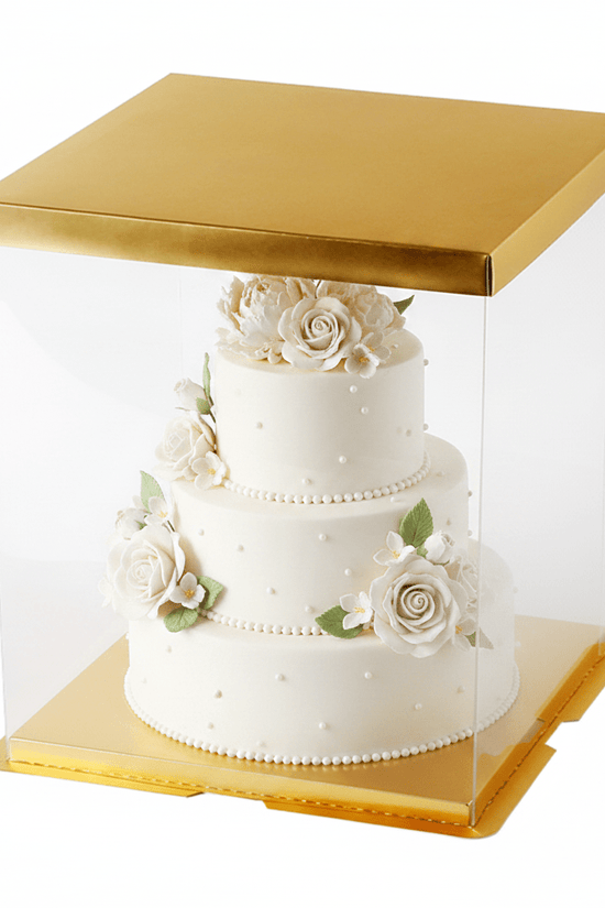 30x30x34 Clear Square Cake Box Gold With Paper Lid - TEM IMPORTS™