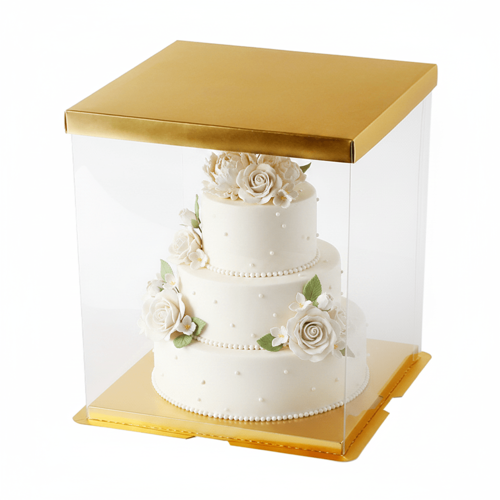 30x30x34 Clear Square Cake Box Gold With Paper Lid - TEM IMPORTS™