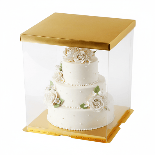 30x30x34 Clear Square Cake Box Gold With Paper Lid - TEM IMPORTS™