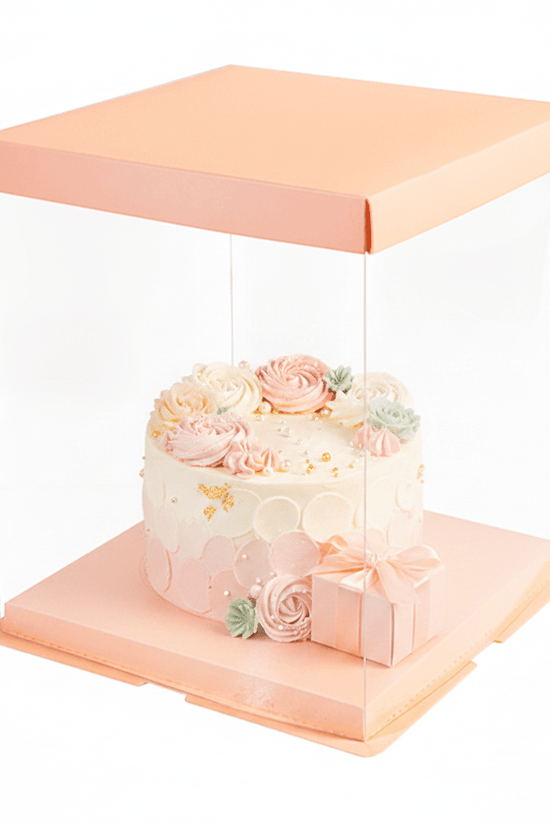 30x30x34 Clear Square Cake Box Peach With Paper Lid - TEM IMPORTS™