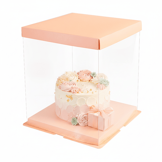 30x30x34 Clear Square Cake Box Peach With Paper Lid - TEM IMPORTS™