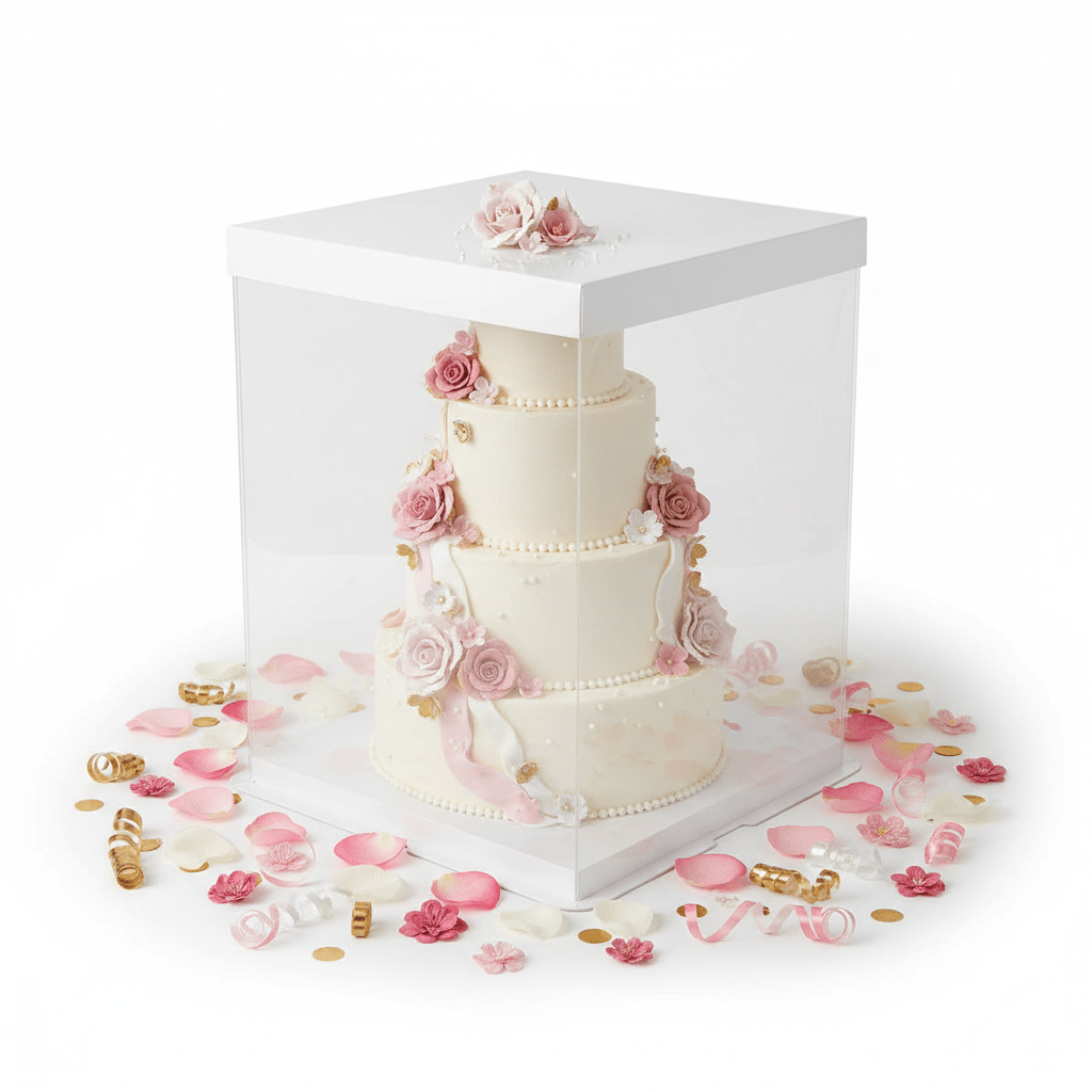 30x30x34 Clear Square Cake Box White With Paper Lid - TEM IMPORTS™
