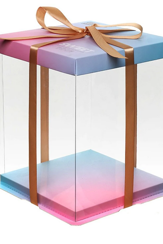 30x30x34 Clear Square Cake Box Gradient Pink With Paper Lid