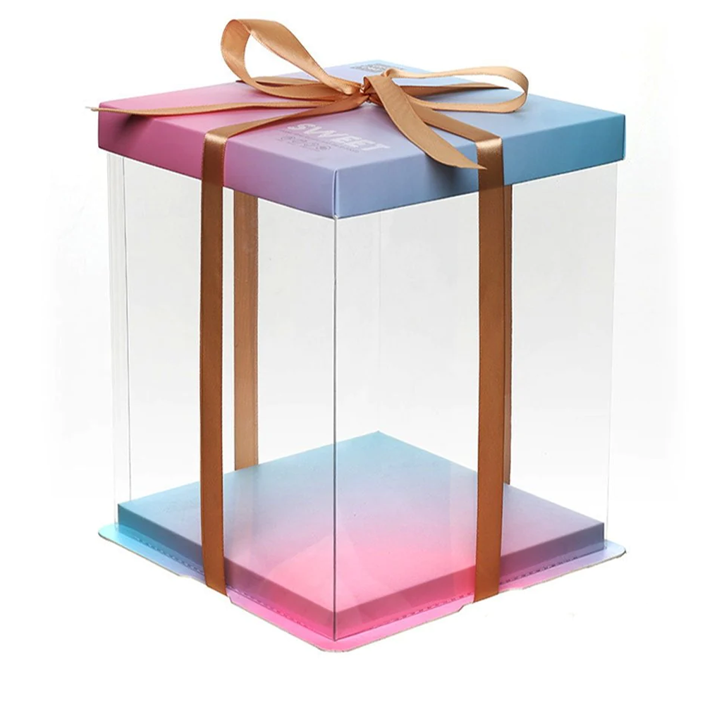 30x30x34 Clear Square Cake Box Gradient Pink With Paper Lid