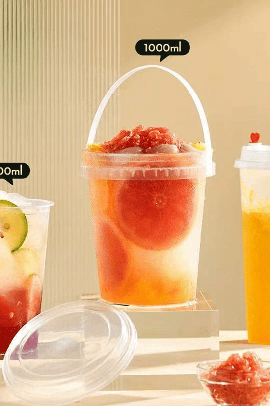 34oz/1000mL Clear Fruit/Milk Tea Tamper Proof Bucket Cup Sets - 100/CTN - TEM IMPORTS™