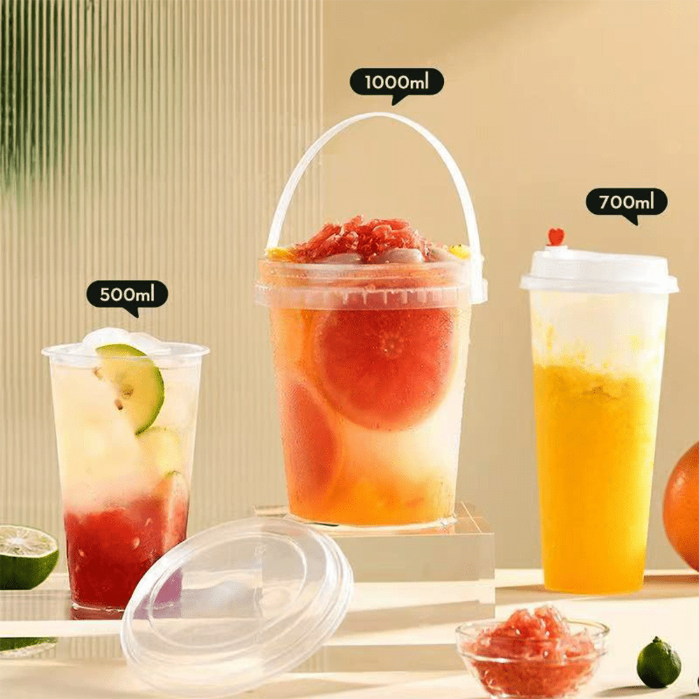 34oz/1000mL Clear Fruit/Milk Tea Tamper Proof Bucket Cup Sets - 100/CTN - TEM IMPORTS™