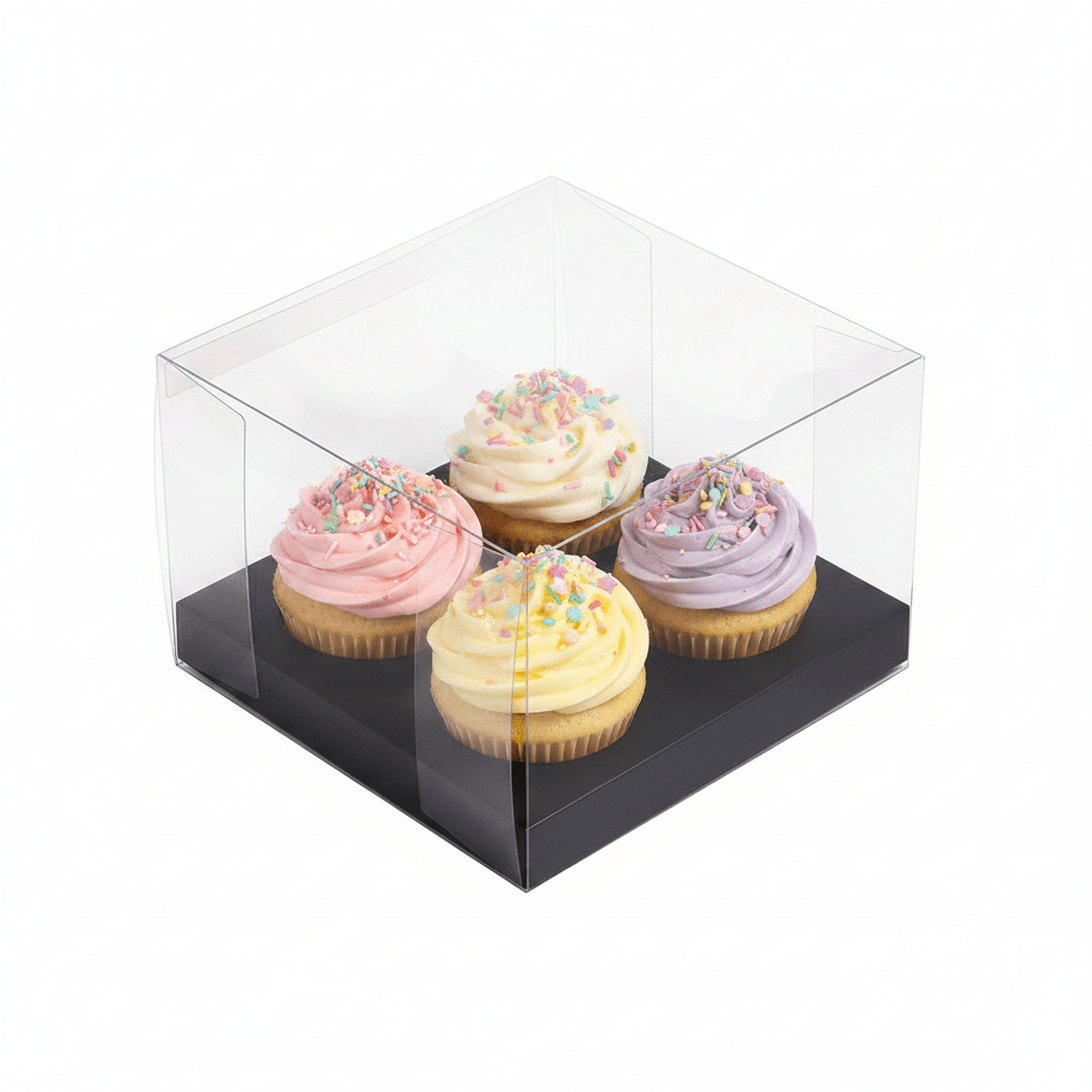 4 Cupcake Clear Box With Black Paper Tray - Pack of 5 - TEM IMPORTS™