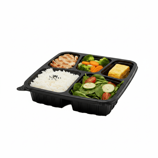 5 Premium Compartment Bento Lunch Box Black Base - 150/CTN - TEM IMPORTS™