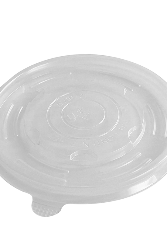 A clear plastic disposable lid for a PLA coated soup bowl.