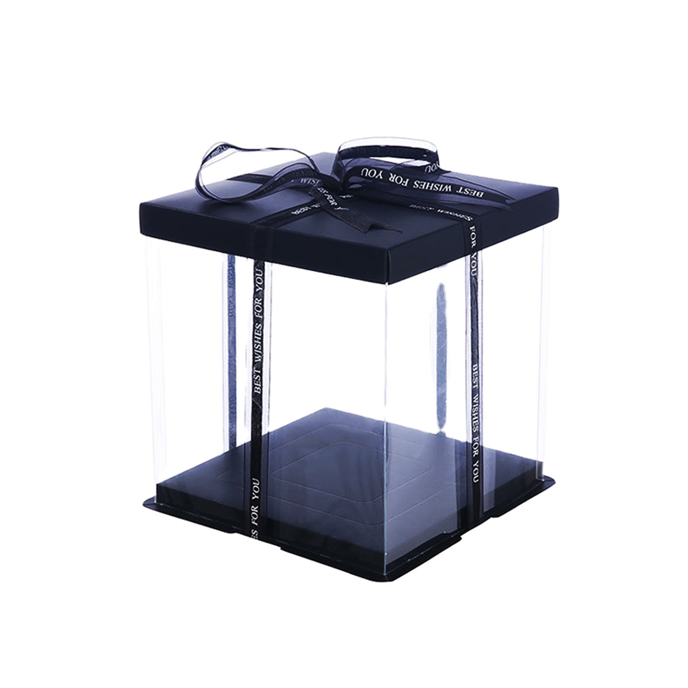Black gift box with clear lid on a white background
