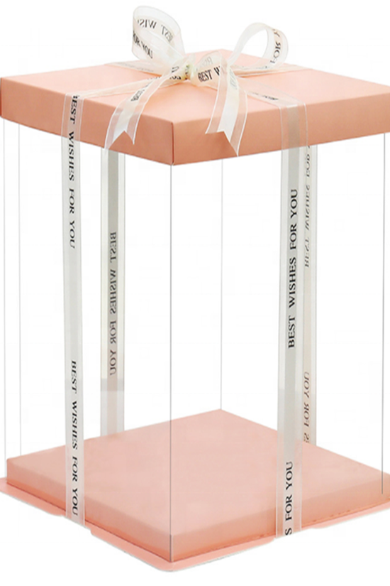 26x26x32 Clear Square Cake Box Peach With Paper Lid