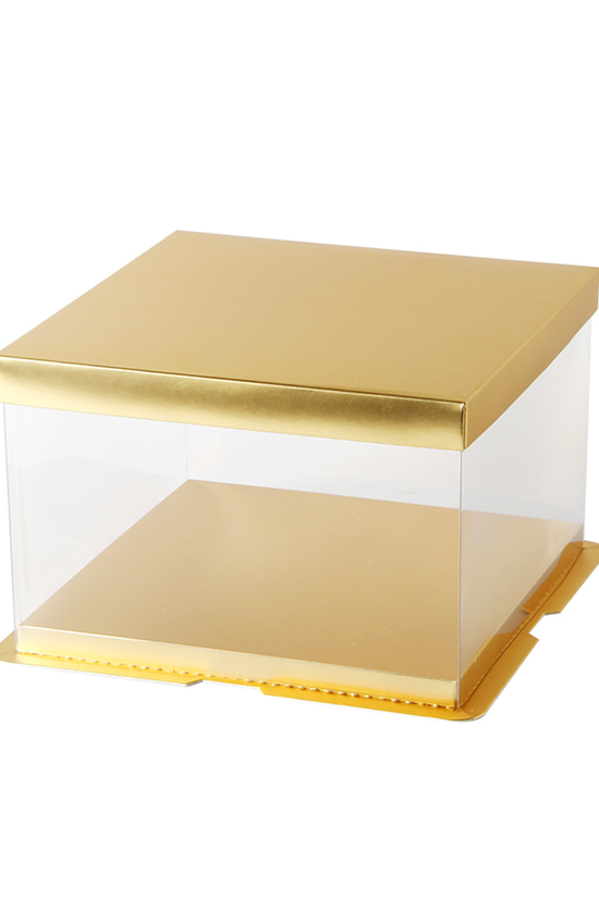 30x30x25 Clear Square Cake Box Gold With Paper Lid