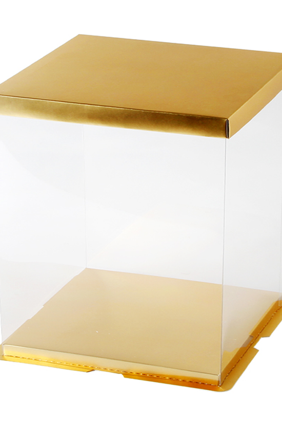 30x30x34 Clear Square Cake Box Gold With Paper Lid