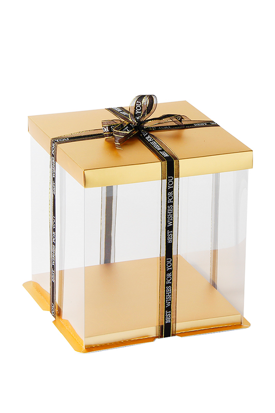 Clear gift box with gold lid and black ribbon on a white background