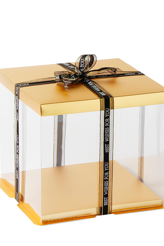 26x26x24 Clear Square Cake Box Gold With Paper Lid