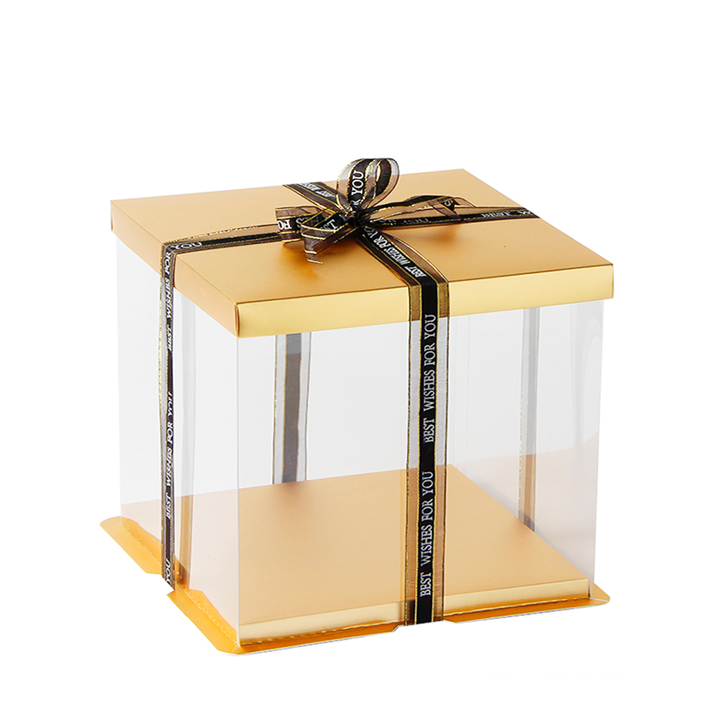 26x26x24 Clear Square Cake Box Gold With Paper Lid