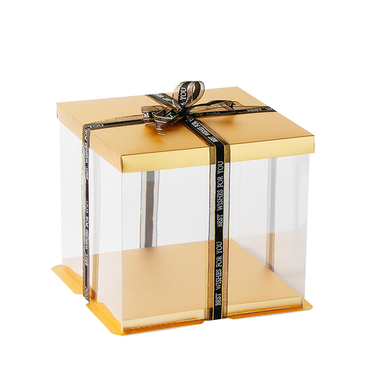 26x26x24 Clear Square Cake Box Gold With Paper Lid
