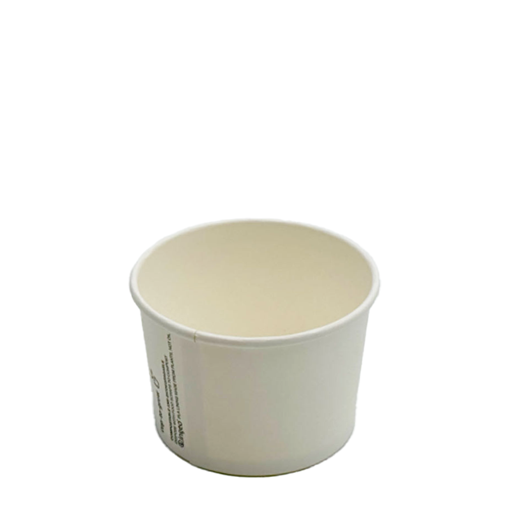 A white round paper soup bowl with a PLA coating.