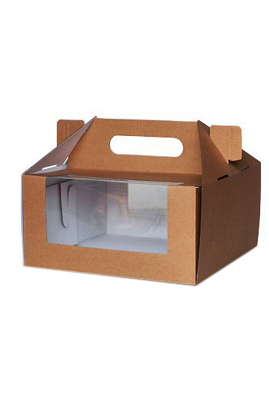 A corrugated cardboard cake box with a clear front window, designed for food delivery and packaging, with a brown color and a handle on top.