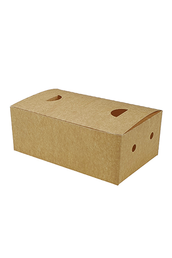A brown cardboard snack box with air-vented holes on the lid.