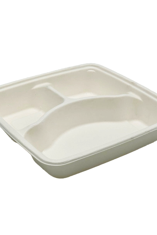 Square Takeaway Sugarcane 9" Inch Tray - 3 Compartment