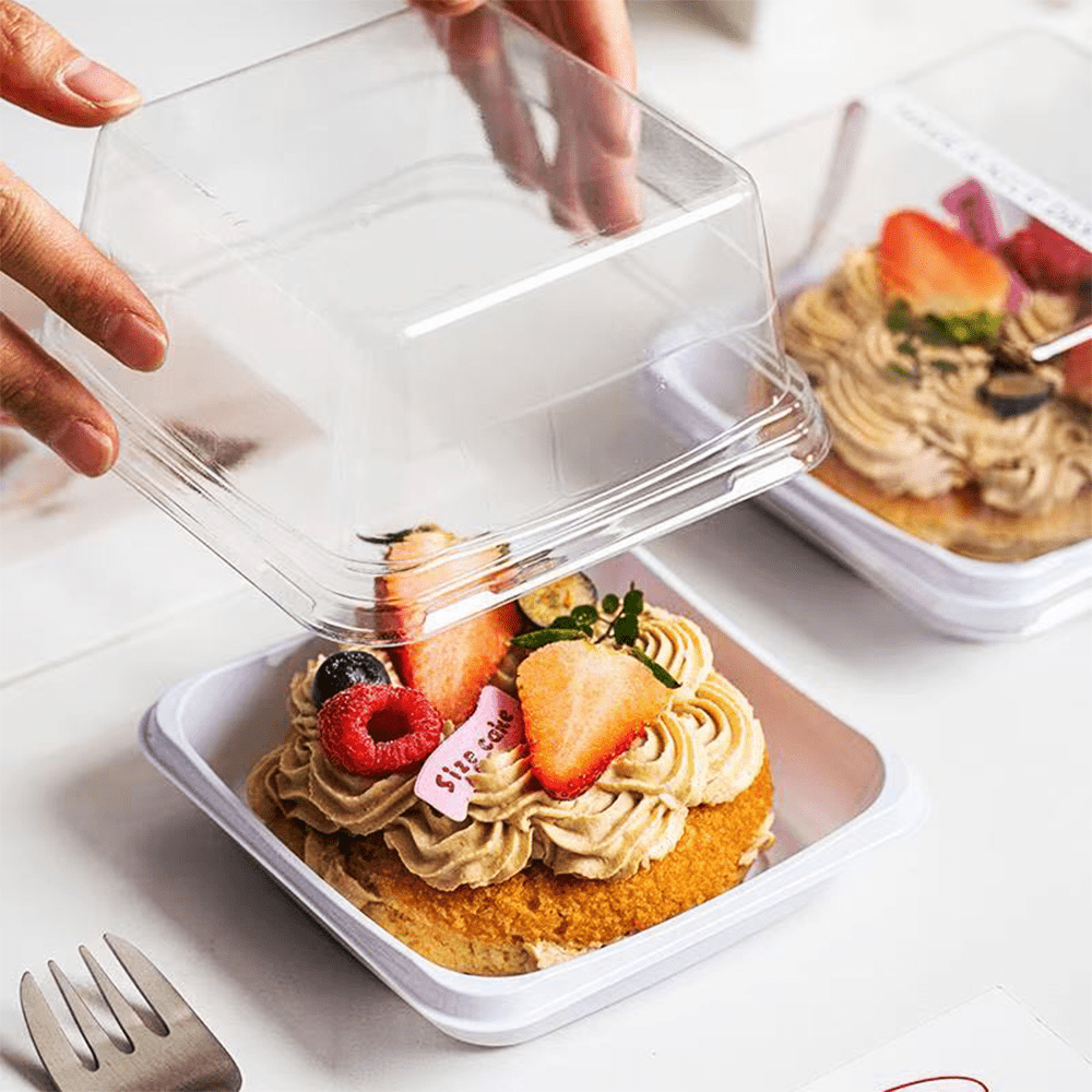 Clear PET Plastic Small Square White Cake Tray With High Lid - TEM IMPORTS™