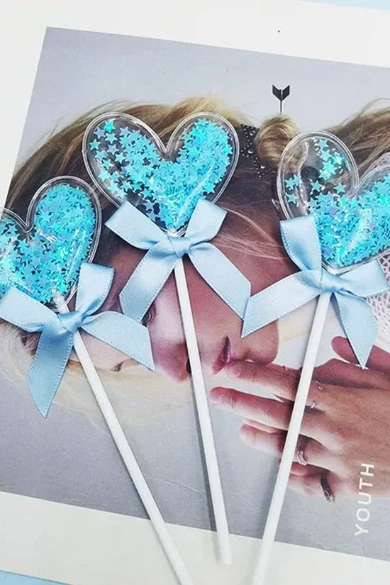 Clear Pillow Heart With Blue Confetti & Bow Cake Topper - TEM IMPORTS™