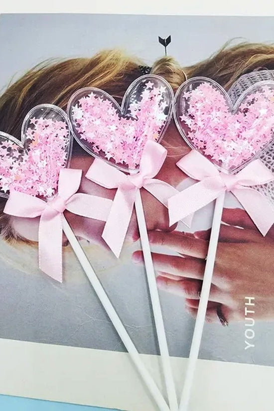 Clear Pillow Heart With Pink Confetti & Bow Cake Topper - TEM IMPORTS™