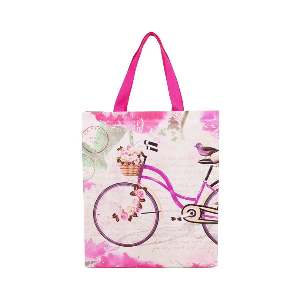 Large PP Printed Purple Bicycle & Rose Non-Woven Bag - Pack of 10 - TEM IMPORTS™