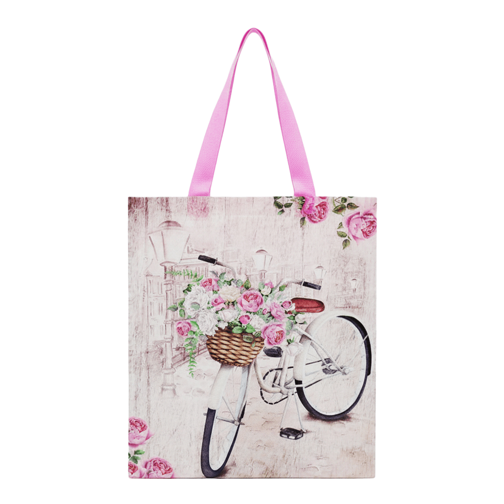 Large PP Printed White Bicycle & Rose Non-Woven Bag - Pack of 10 - TEM IMPORTS™