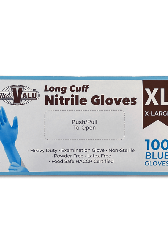 Long Cuff Blue Nitrile Gloves Powder Free - Extra Large - TEM IMPORTS™