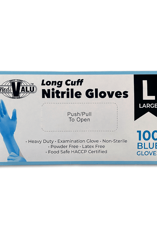 Long Cuff Blue Nitrile Gloves Powder Free - Large - TEM IMPORTS™