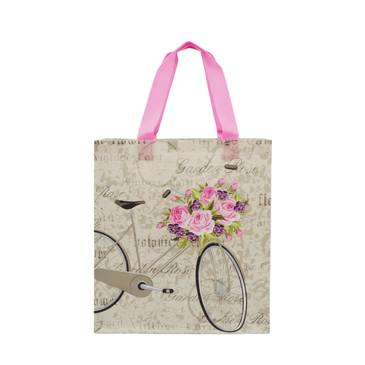 Medium PP Printed Bicycle & Rose Non - Woven Bag - Pack of 10 - TEM IMPORTS™