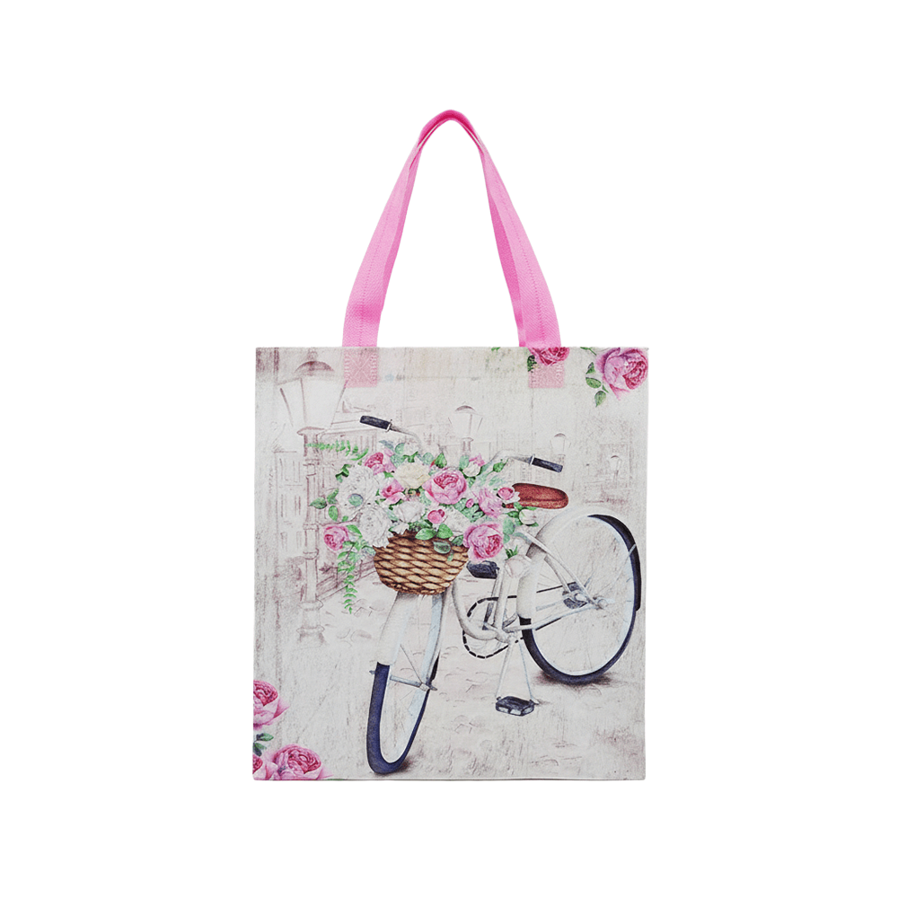 Medium PP Printed White Bicycle & Rose Non-Woven Bag - Pack of 10 - TEM IMPORTS™