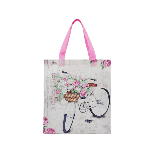 Medium PP Printed White Bicycle & Rose Non-Woven Bag - Pack of 10 - TEM IMPORTS™