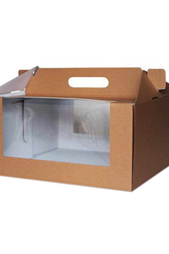 A corrugated cardboard cake box with a clear front window, designed for food delivery and packaging.