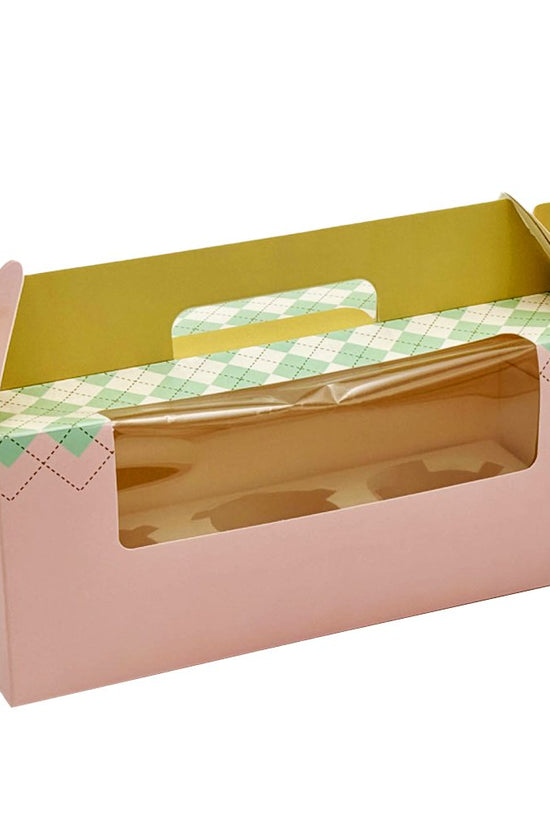 Printed Paper Cake Box Handle With Cupcake Tray - Checkered Pattern - TEM IMPORTS™