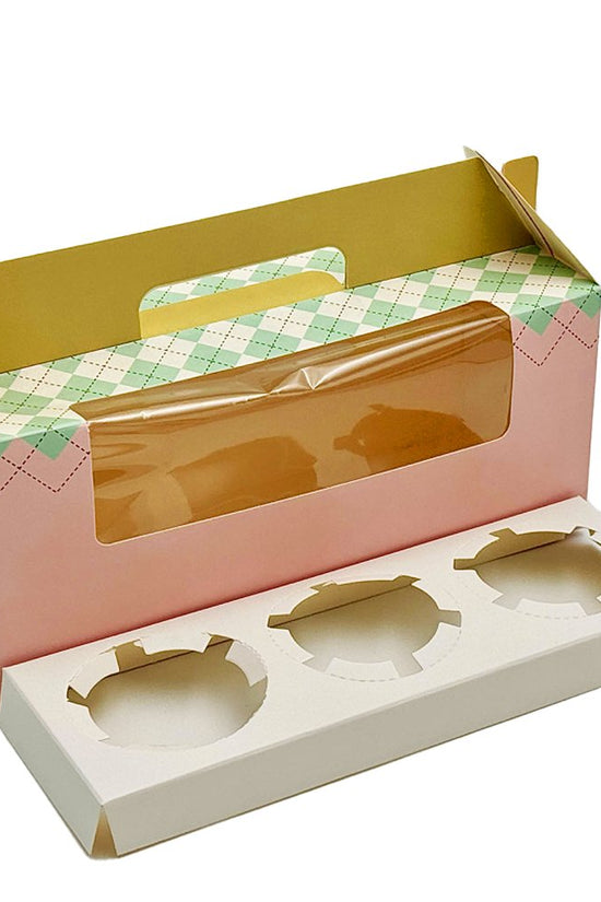Printed Paper Cake Box Handle With Cupcake Tray - Checkered Pattern - TEM IMPORTS™