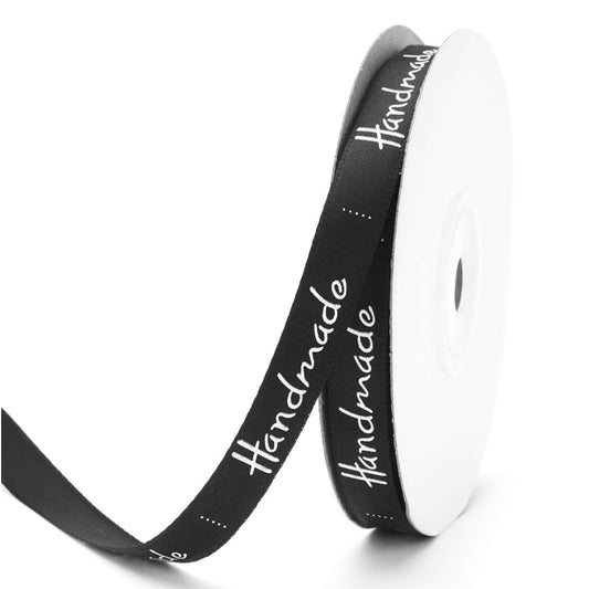 10mm 'Handmade' Printed Satin Ribbon - Black - TEM IMPORTS™