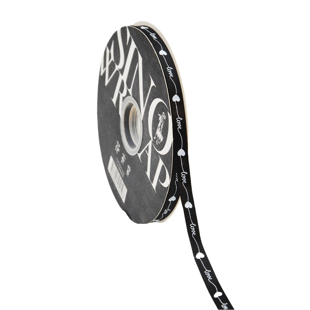 10mm 'Love With Heart' Printed Satin Ribbon - Black - TEM IMPORTS™