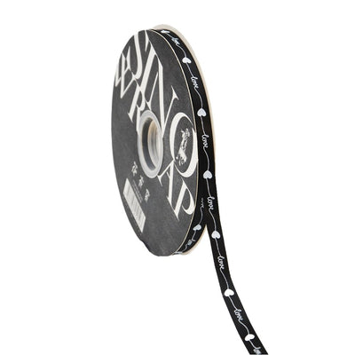 10mm 'Love With Heart' Printed Satin Ribbon - Black - TEM IMPORTS™
