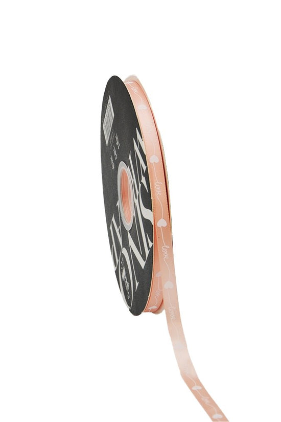10mm 'Love With Heart' Printed Satin Ribbon - Peach - TEM IMPORTS™