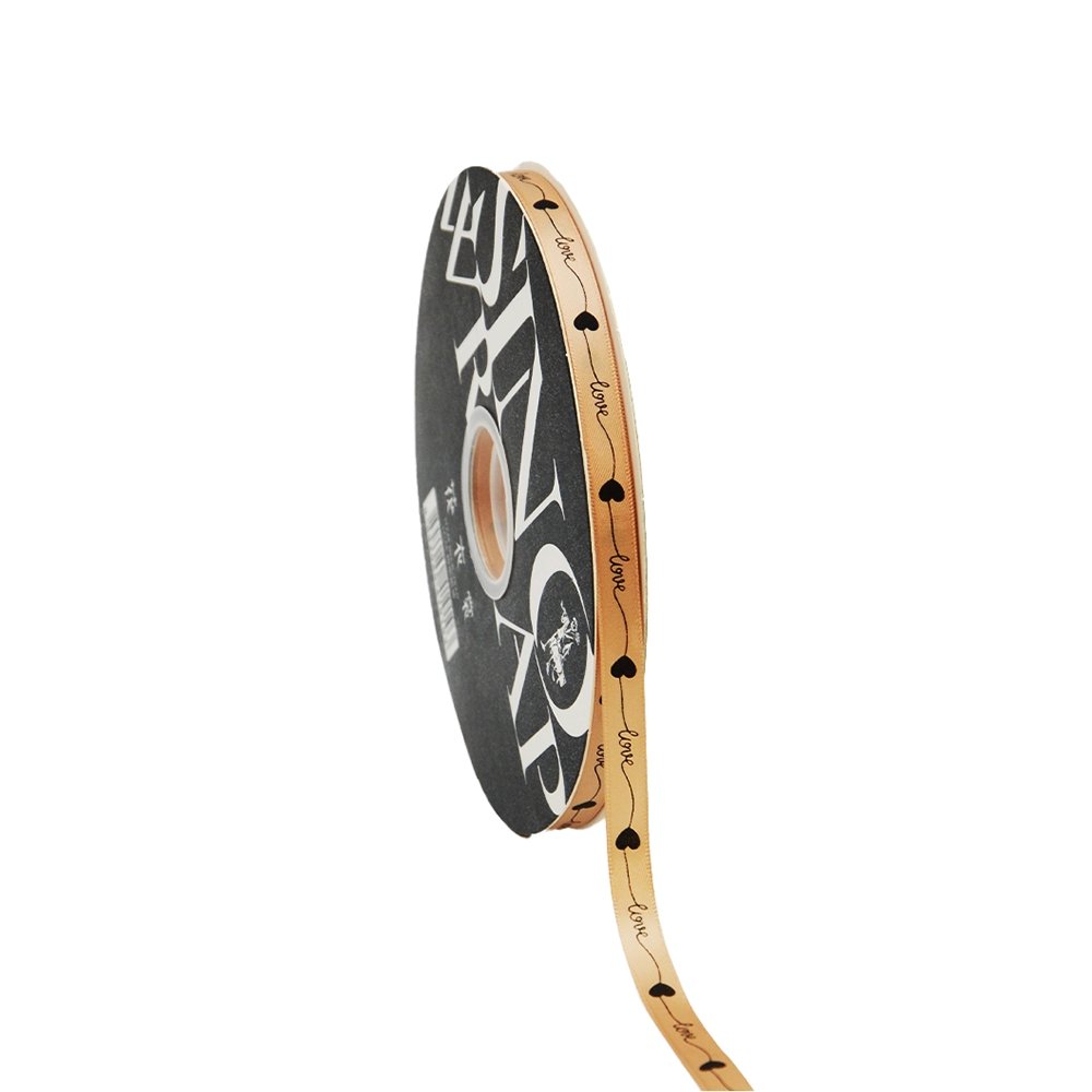 10mm 'Love With Heart' Printed Satin Ribbon - Tan - TEM IMPORTS™