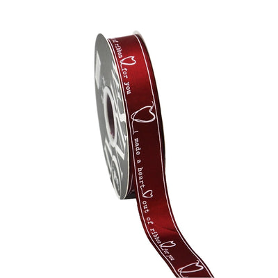 25mm 'I Made A Heart' Printed Satin Ribbon - Maroon - TEM IMPORTS™