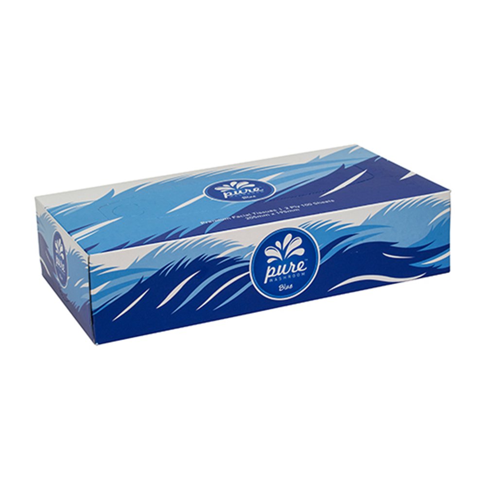 A box of Pure Premium 100 white facial tissues with blue and black wave design on the packaging.