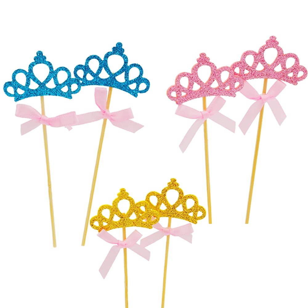 Blue Crown With Pink Bow Cake Topper - Pack of 2 - TEM IMPORTS™