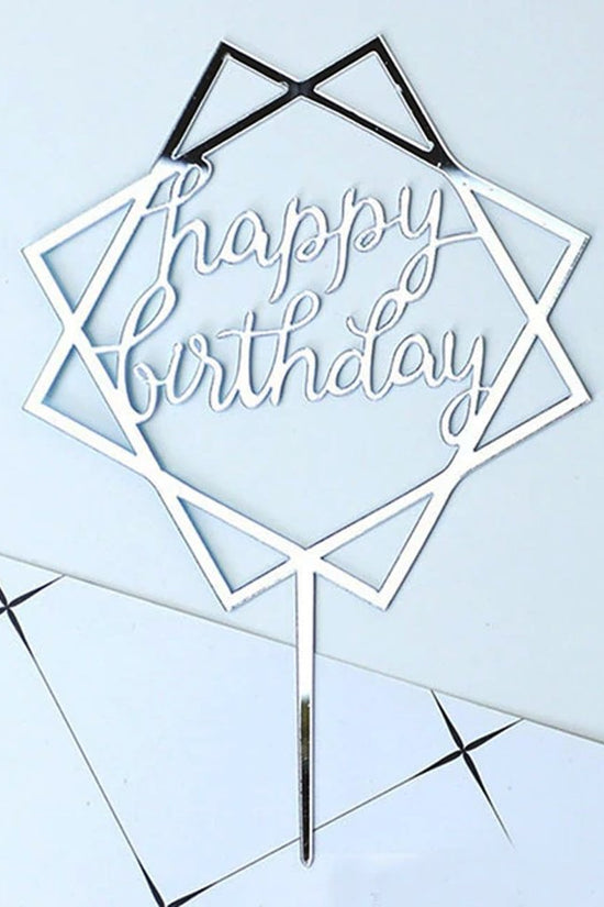 Happy Birthday Mirror Silver Square Cake Topper - TEM IMPORTS™