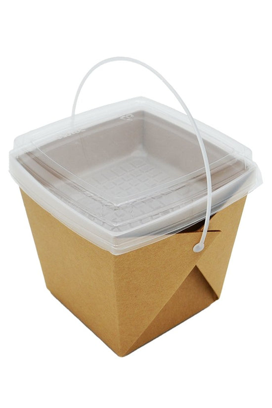 A brown and white paper noodle box with a clear plastic compartment on top, featuring a white handle.